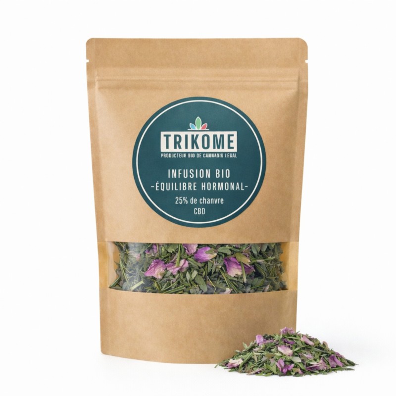 Infusion bio Équilibre Hormonal Trikome au chanvre CBD et plantes. Une tisane naturelle et saine