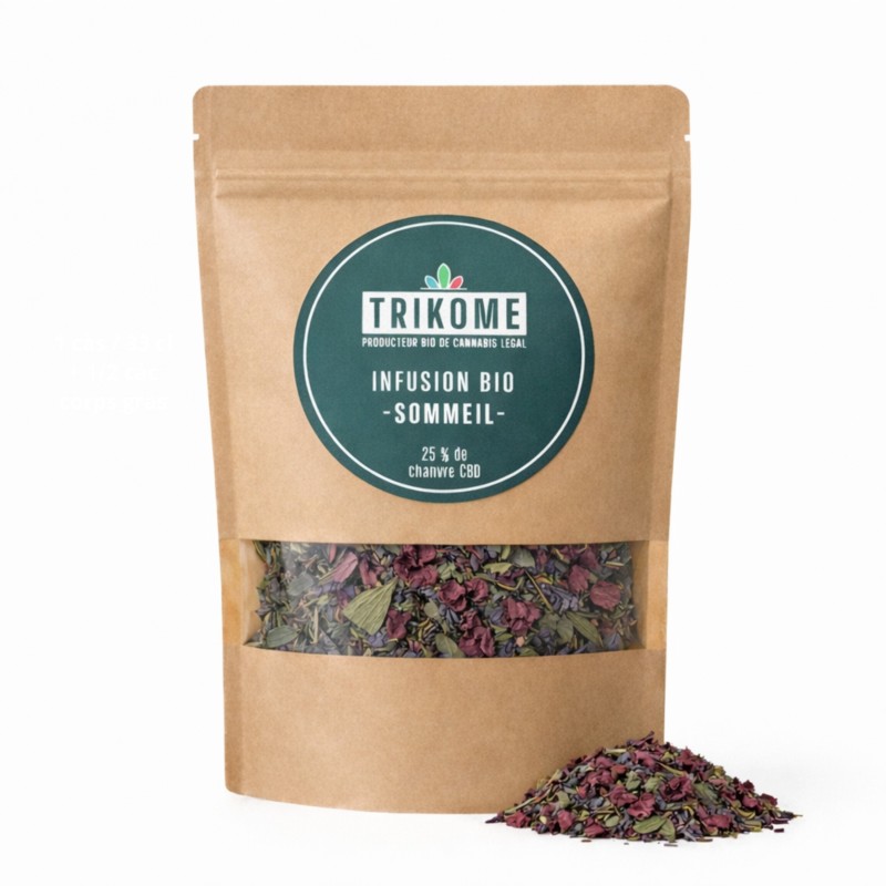 Infusion bio Sommeil Trikome au chanvre CBD et plantes. Tisane naturelle pour favoriser le repos