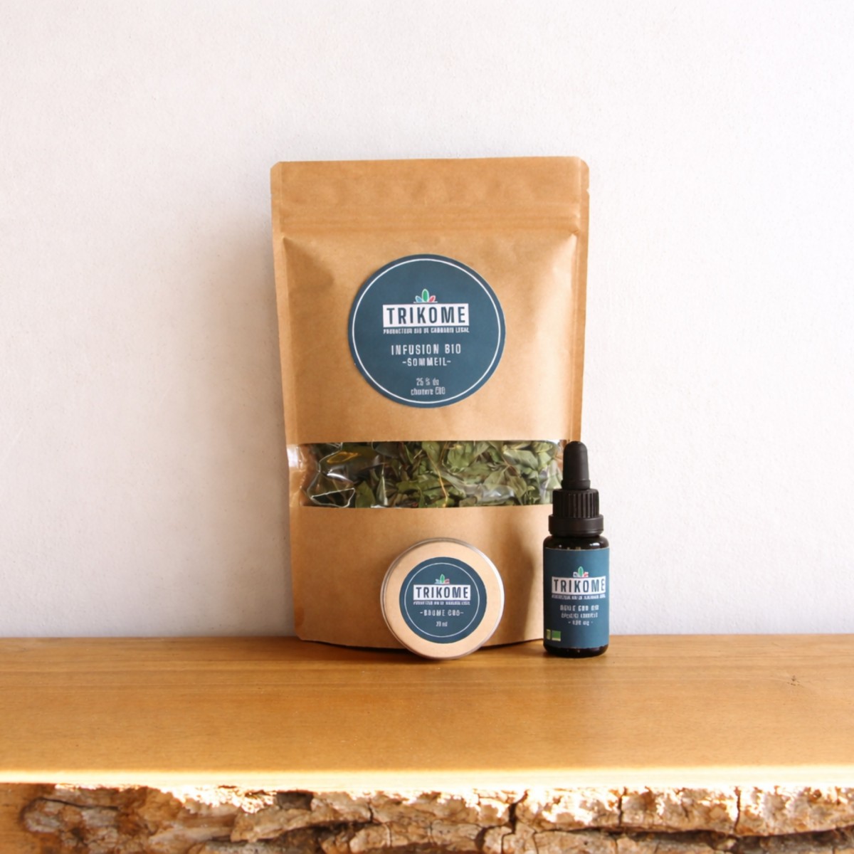 Pack bien-être CBD bio Trikome : infusion Sommeil, huile 250 mg et baume apaisant 20 ml