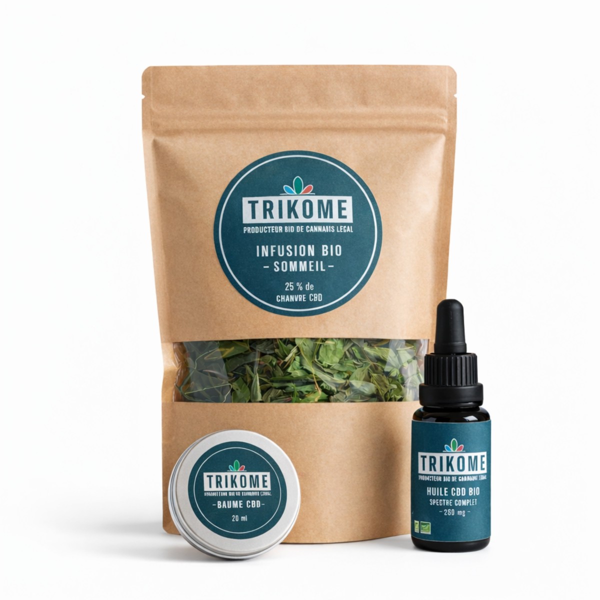 Trio CBD bio Trikome avec tisane Sommeil, huile spectre complet et baume. Détente naturelle