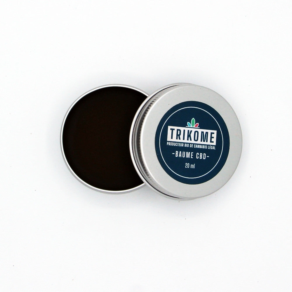 Baume CBD Trikome 20 ml ouvert au format carré, texture visible et packaging minimal sur fond blanc.