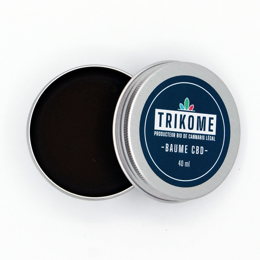 Baume CBD Trikome 40 ml ouvert au format carré, texture naturelle visible, chanvre issu de l’agriculture biologique.