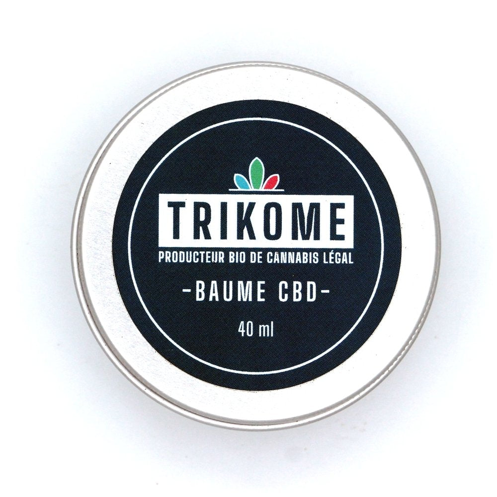 Packshot carré du baume CBD Trikome 40 ml, vue dessus du couvercle, producteur bio de cannabis légal.