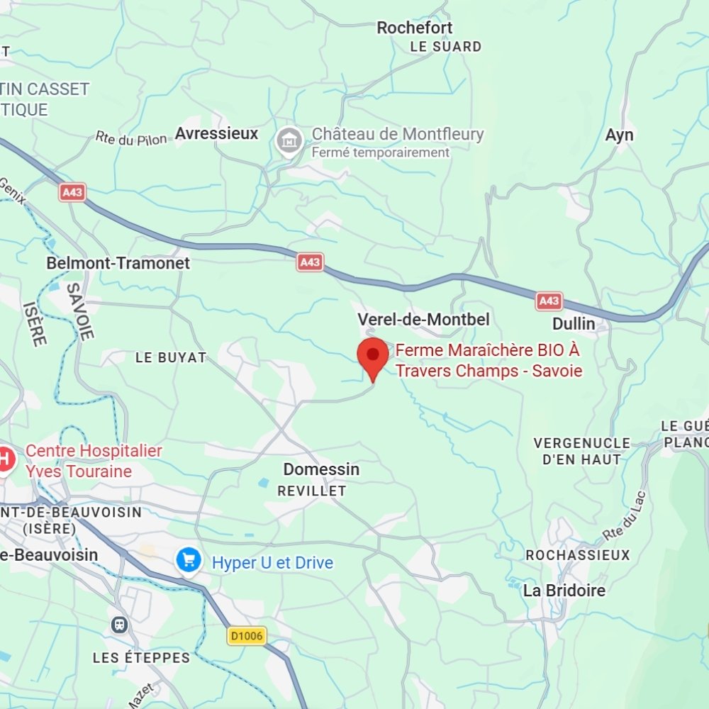 Localisation de la ferme maraîchère bio À Travers Champs en Savoie, carte situant le lieu de production du chanvre TRIKOME