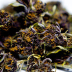 Zoom sur fleur CBD Yuzu Purple avec details des pistils et surface du bourgeon.