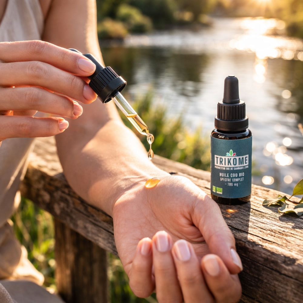 Application cutanee d huile CBD bio Trikome 700 mg avec pipette et goutte visible sur la peau en usage local