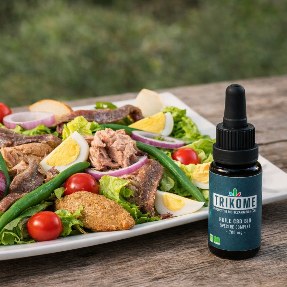 Huile CBD bio Trikome 700 mg utilisee en cuisine a cote d une salade composee pour integration alimentaire