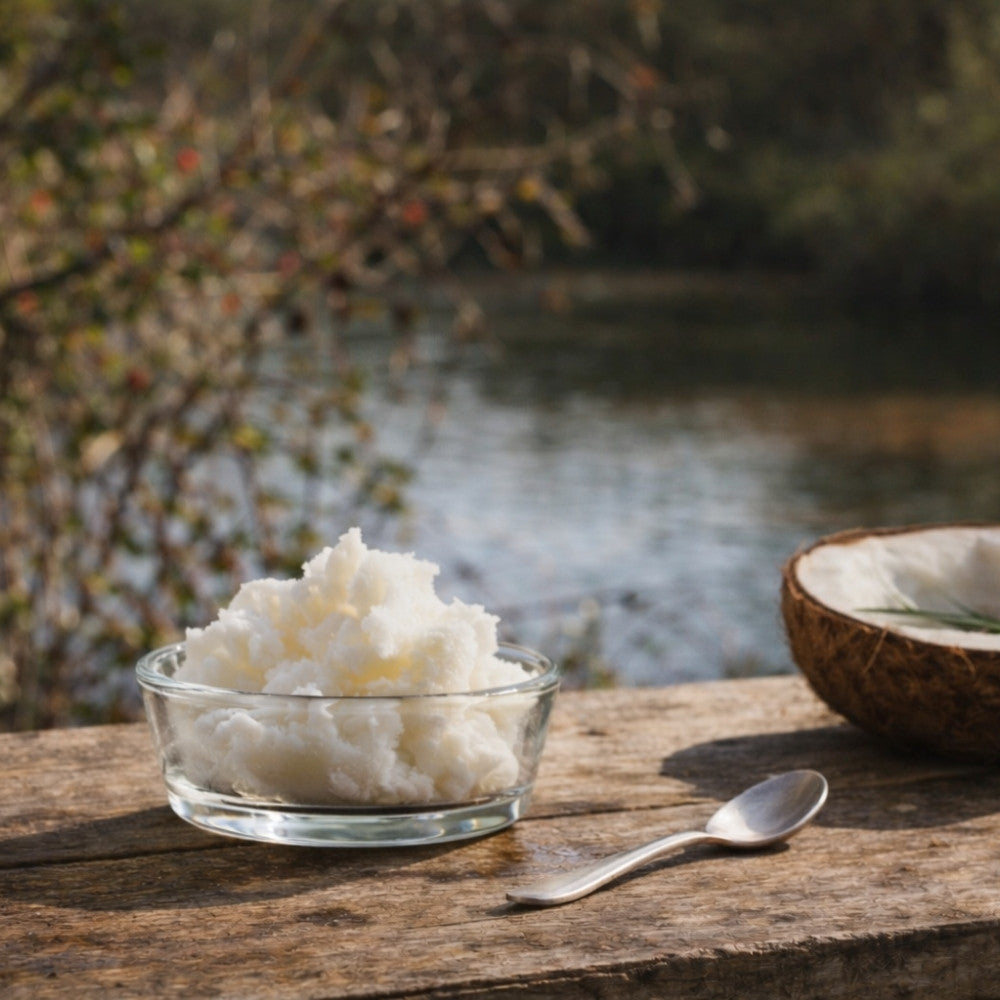 Huile de coco bio en bol avec noix de coco fraiche pour illustrer l ajout de corps gras en infusion