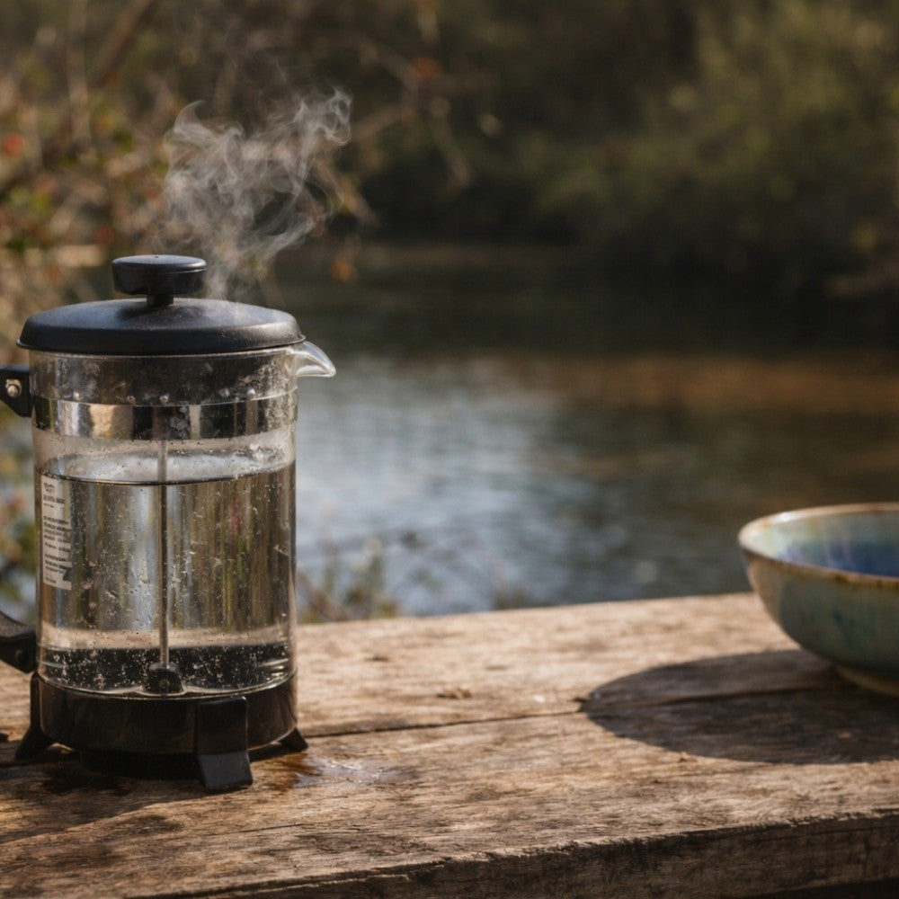 Theiere en verre avec eau chaude fumante posee en exterieur pour preparation d infusion naturelle