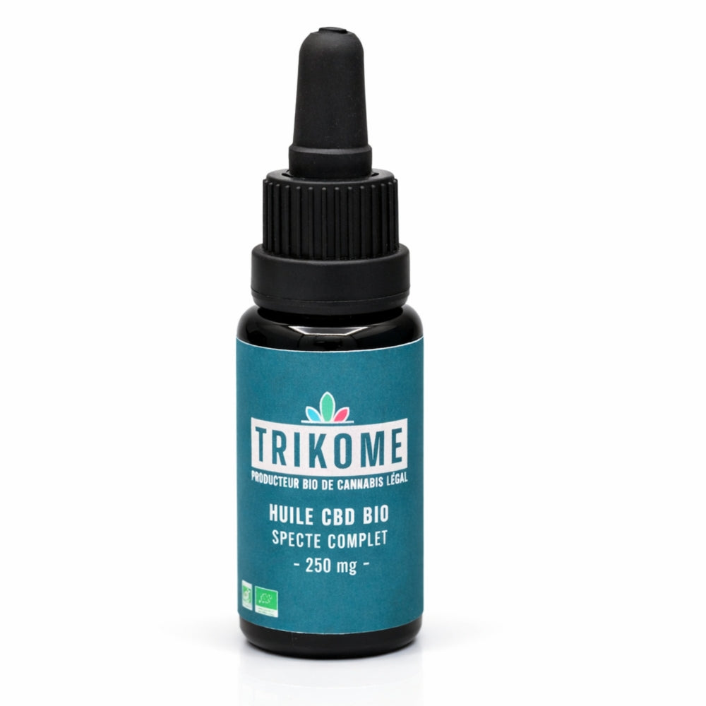 Huile CBD bio 250 mg Trikome à spectre complet. Un extrait naturel de chanvre en flacon compte-gouttes