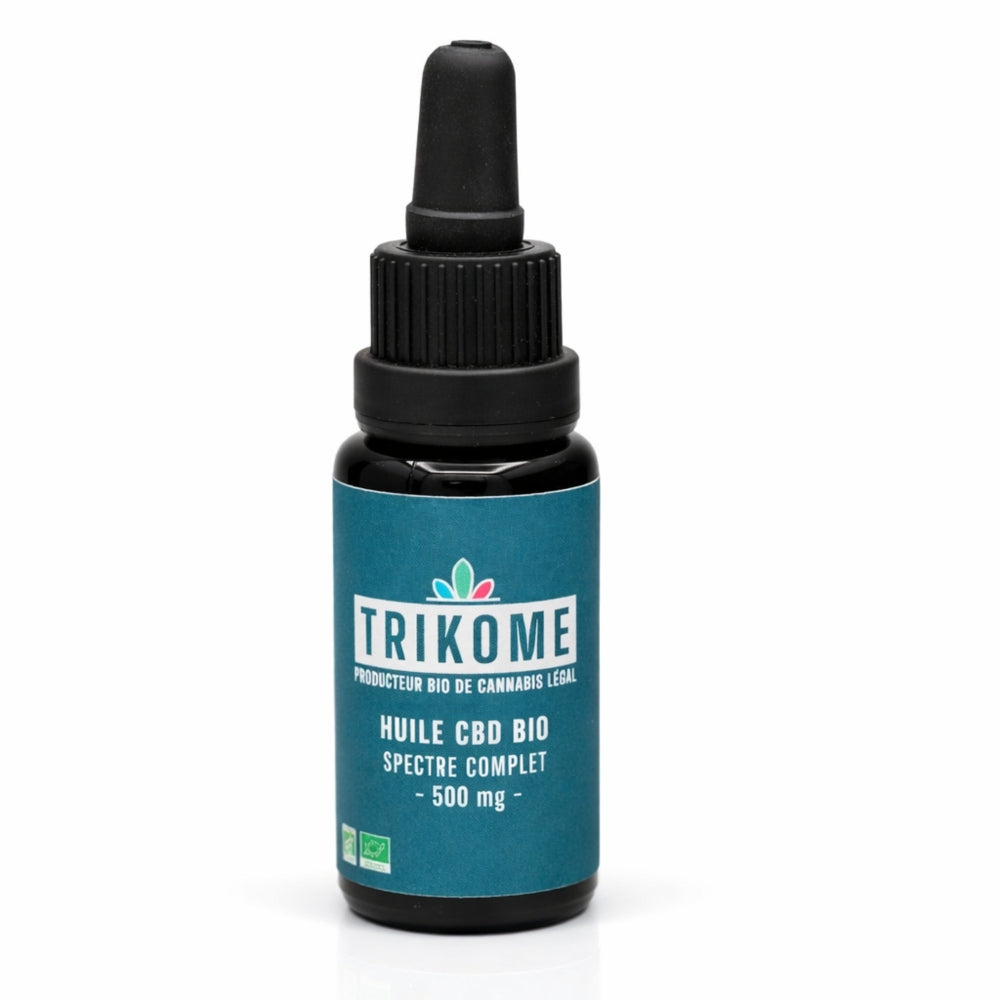 Huile CBD bio 500 mg Trikome à spectre complet. Extrait de chanvre naturel en flacon 10 ml